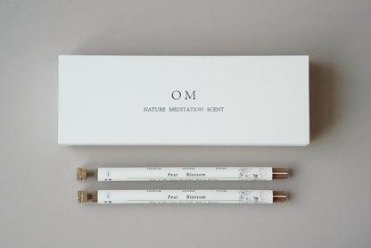 OM Pear Blossom incense 50-stick set with white box and delicate pear-scented incense tubes