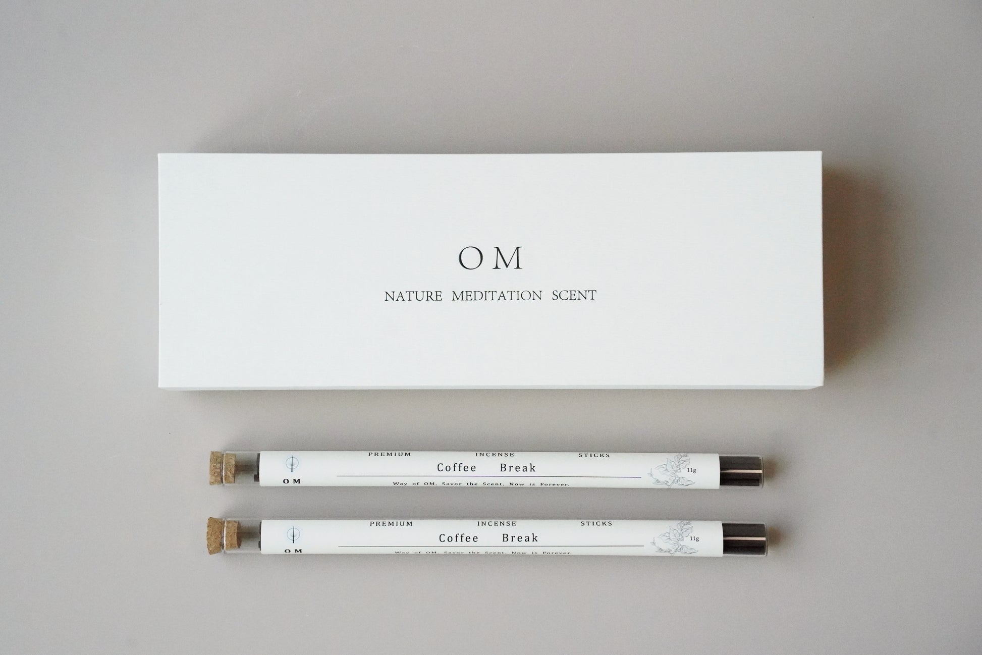 OM coffee incense 20-stick set with white gift box and minimalist tubes – warm home fragrance blend