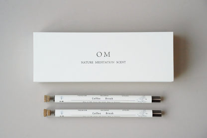 OM coffee incense 20-stick set with white gift box and minimalist tubes – warm home fragrance blend