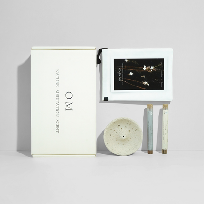 OM incense gift set with Central Asia and Floating Sea sticks, cream white holder, ritual card and cotton pouch – minimalist packaging