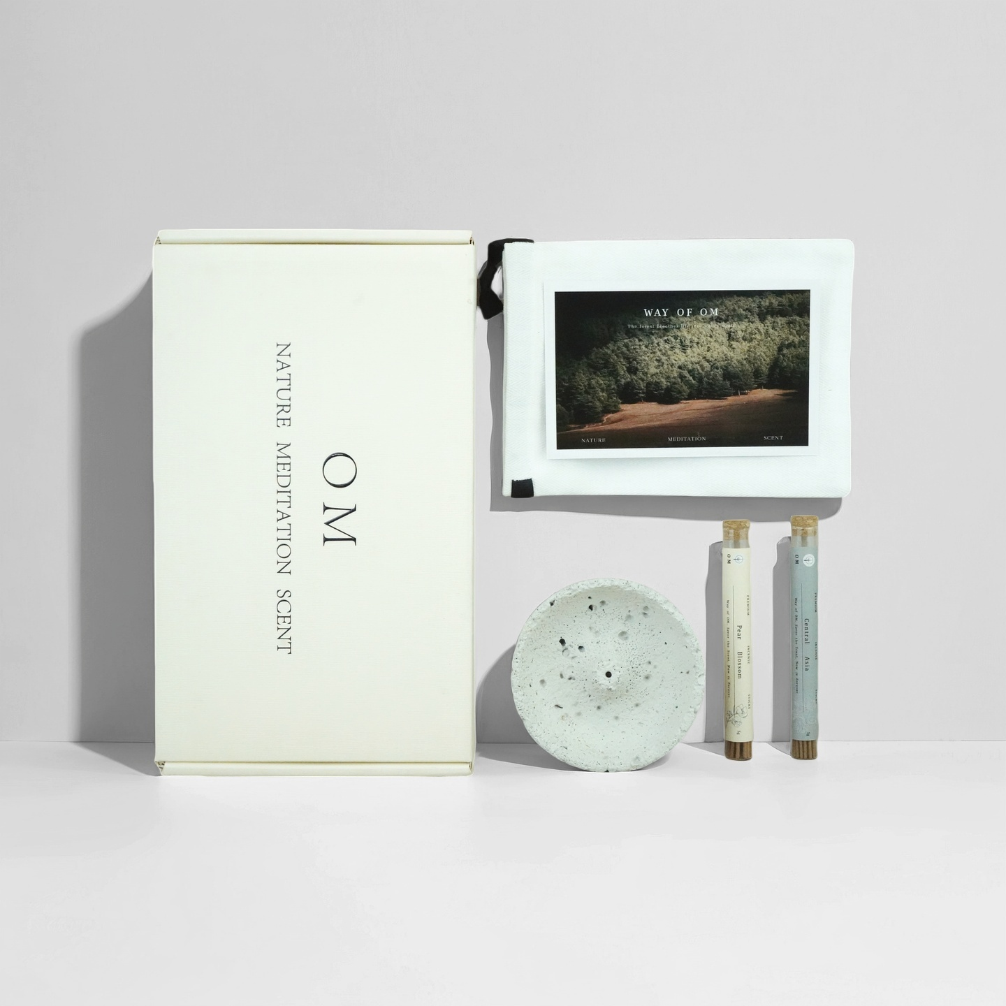 OM incense gift set with Pear Blossom and Central Asia sticks, white plaster incense holder, card and cotton pouch