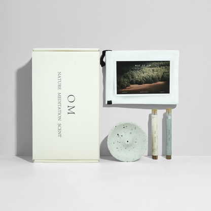 OM incense gift set with Pear Blossom and Central Asia sticks, white plaster incense holder, card and cotton pouch