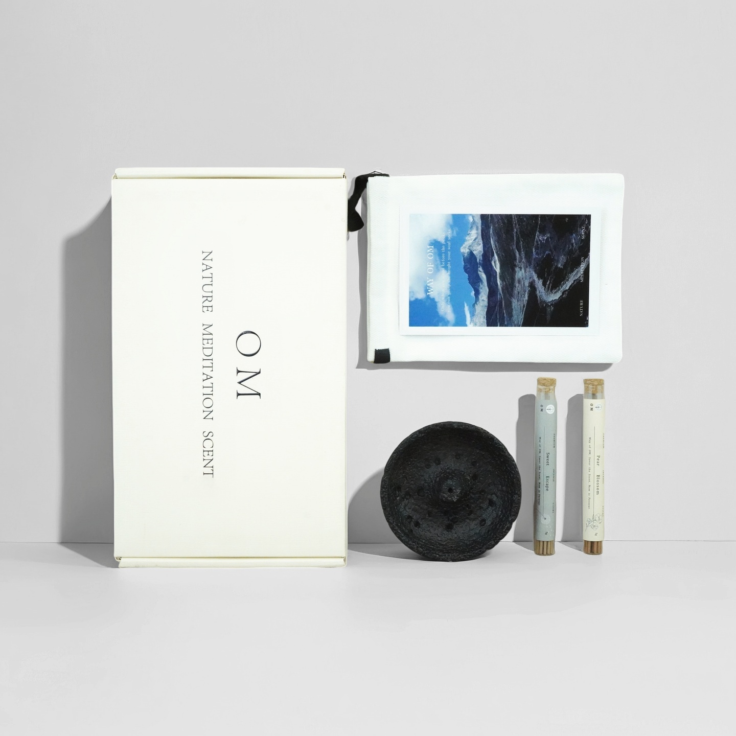 Way of OM incense gift set with pear blossom and sweet escape sticks, black holder and cotton pouch in minimalist white box